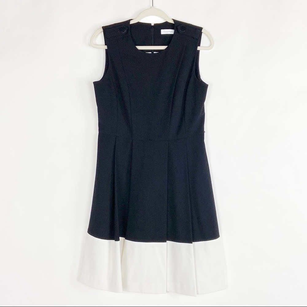 Calvin Klein Sleeveless Black with White Hem Fitted Midi Cocktail Sheath Dress